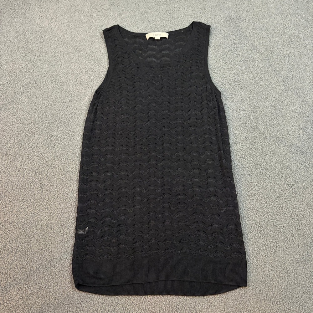 LOFT Tank Top Womens Small Black Pointelle Knit Chevron Sleeveless Shell 310619